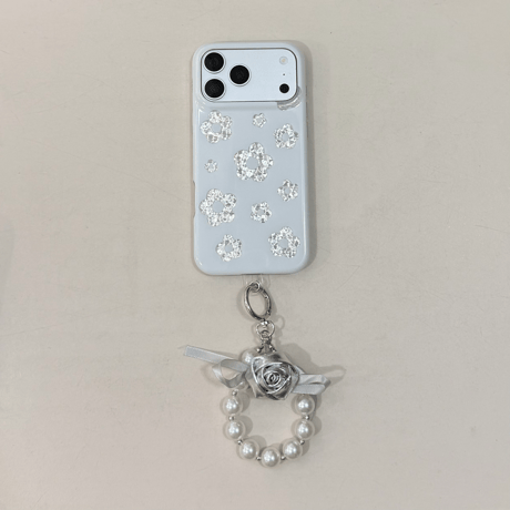 シェル風花柄 iPhone17Pro/17ケース パールストラップ iPhone16Pro/15/14ケース 上品 甘めコーデ 光沢感[M6435]