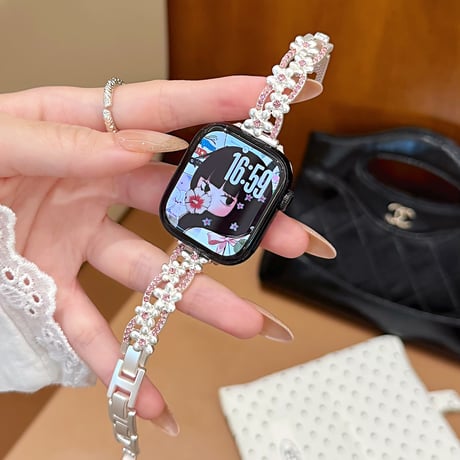 メタル花 AppleWatchバンド ダイヤデコ 上品AppleWatchベルト Series 11/10/9/8 SE3/2  Ultra3/2/1 高級感高品質 [M6416]