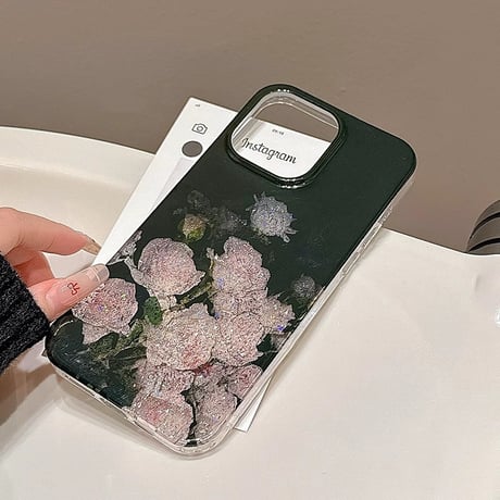 キラキラ薔薇柄 iphone16/16proケース  おしゃれ シック iphone15pro/14/13ケース 存在感抜群  [M4978]