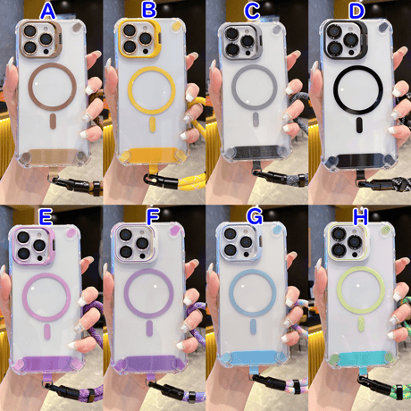 ストラップ付 iPhone16pro/17ケース Magsafe充電 スタンド付 iphone15pro/14pro/13カバー 透明 耐衝撃 [M5449]