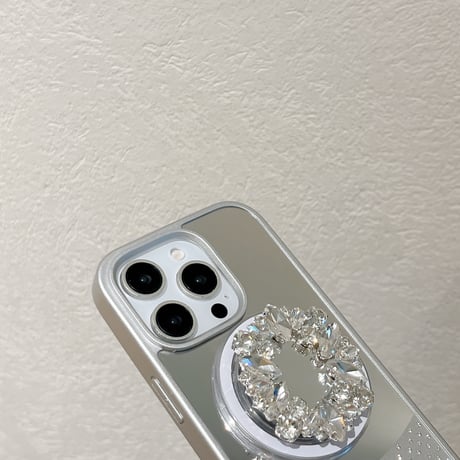 Magsafe充電 ミラーiPhone16Pro/16ケース ダイヤデコ鏡付グリップ iPhone15Pro/14Pro/13ケース 上品 スタンド 高級感 [M5460]