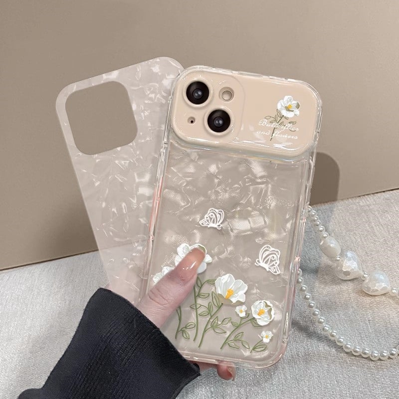 鏡カメラカバー付 iPhone15Pro/16ケース 花柄 ストラップ付き