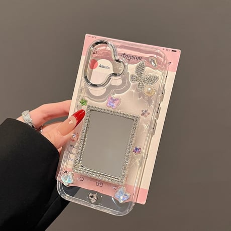 ジュエリーミラー アイフォン16pro/15ケース 蝶/ダイヤ iPhone14/13pro/12カバー 大人可愛い 夏に人気品[M5255]