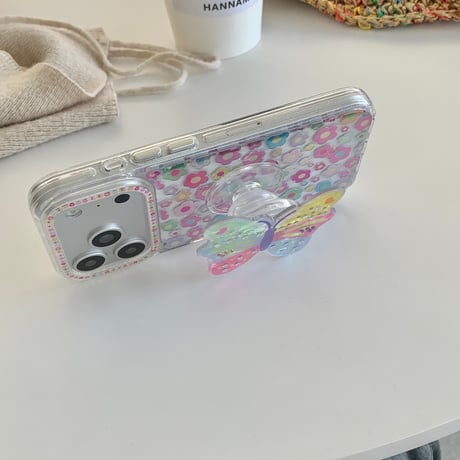 蝶グリップ iPhone17pro/17ケース 花柄 iPhone16/15promax/14ケース かわいい 多機能便利[M6205]