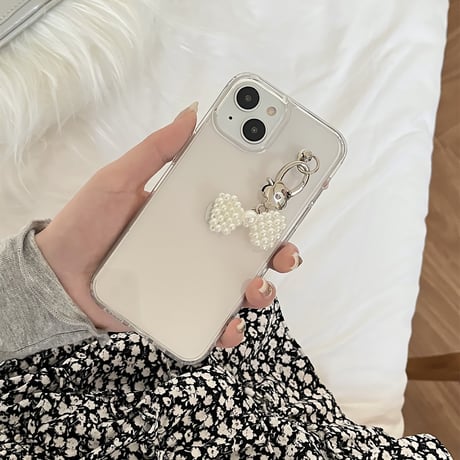 女子力アップ iPhone15/15proケース パールリボンチャーム iPhone14/13pro/12proクリアケース かわいい きれい[M4361]