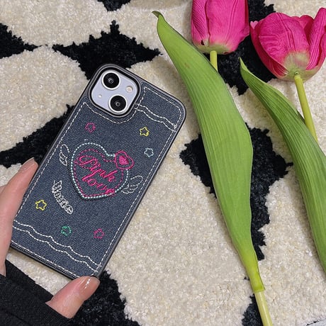 デニム生地 刺繡入り iphone14/14proケース  ハート柄  iphone13/12/11/XRカバー  高品質  高級感 ギフトにおすすめ [M2246]