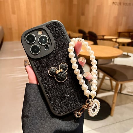 オシャレ iPhone14/14proケース  リボン 真珠ストラップ付アイフォン13/12/11proケース セレブ愛用 ツイード生地 実用 可愛い [M2408]