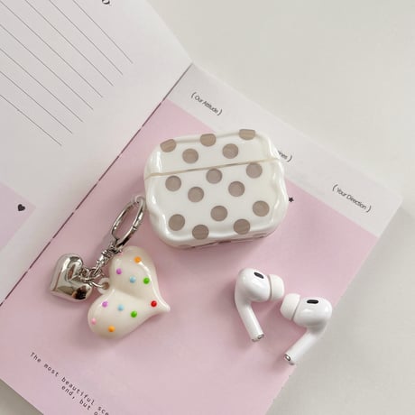 ハートチャーム付き AirpodsPro3ケース  水玉模様 Airpods4/3カバー pro2/Pro1ケース 可愛い 甘めコーデ[M6472]