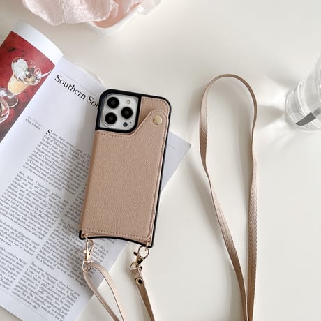 カード入れ2個 ミラー付iphone14/13proケース レザー製 アイフォン12mini/11カバー 長いストラップ付 スタンド機能あり[M2146]
