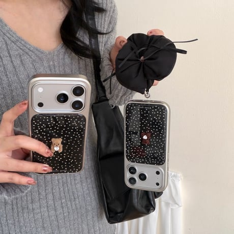 ダイヤ熊ちゃん iPhone17Pro/17ケース 水玉模様 iPhone16Pro/15カバー ストラップ 女子力高い [M5919]