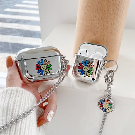 花柄 エアーポッズプロ2/1ケース flowerキーホルダー airpodsproカバー 可愛い チェーン付き 銀色 ツヤ感鏡面M443