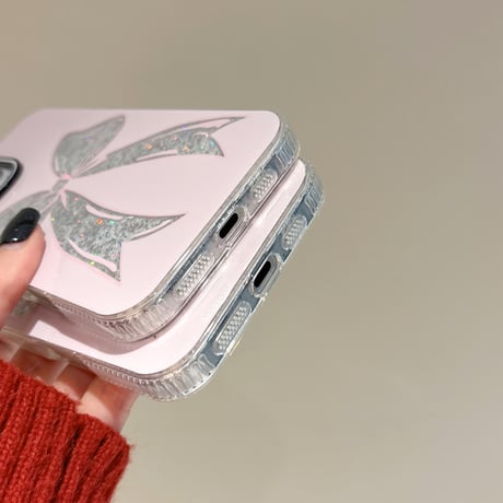 ラメリボン iPhone16pro/16ケース キラキラ ピンク iPhone15pro/14/13promaxケース おしゃれ 女子力UP [M5057]