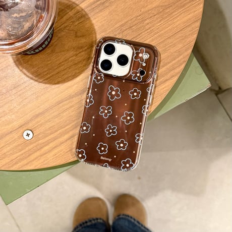 ブラウン 花柄 iPhone17Pro/17ケース 艶感 iPhone17ProMax/16Pro/15カバー  オシャレ 韓国っぽ[M6082]