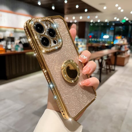 ジュエリー リング付きアイフォン14プロカバー ラメ入りシール付 iphone13pro/12/11proケース キラキラ オシャレ 実用 ガールズに超人気 [M2577]