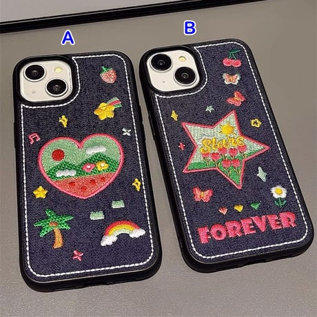 刺繡入りデニム iPhone14/15proケース  花柄ハート/星 iPhone13/12proカバー 女子力アップ[M3501]