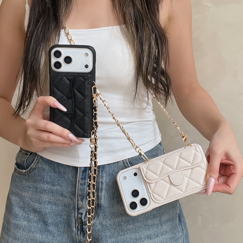 カード入れ付き iPhone17/17Proケース キルティングレザー ショルダー