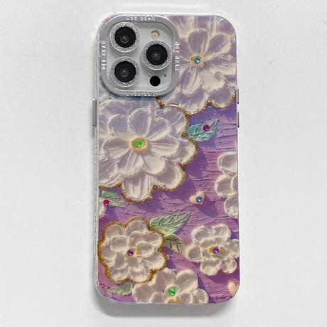 花柄 iPhone15/15Plusケース 光る油絵 綺麗 iPhone14/13proカバー ガールファッション 頑丈 かわいい 耐久性 [M3543]