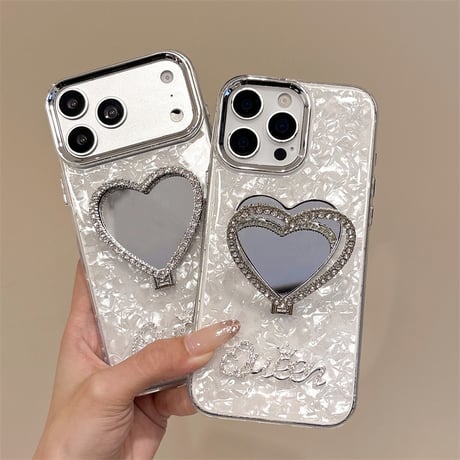 ハート型ミラースタンド iPhone17Pro/17ケース シェル風 艶感 iPhone16/15Pro/14ProMaxカバー 高機能 おしゃれ [M6386]