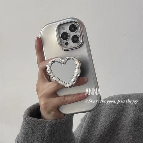 ハート鏡グリップ iphone15/15proケース  シルバー iphone13/14pro/12/11カバー  可愛い シック 便利 多機能[M3950]