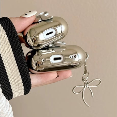 リボン Airpods 4ケース 艶感メッキ Airpodspro2/proカバー  Airpods第3/2世代 キーホルダー付  可愛い[M5048]