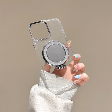 ミラースタンド付 iPhone16/15plusケース 透明 iPhone14promax/13/12proカバー シンプル ラメ入り [M4537]