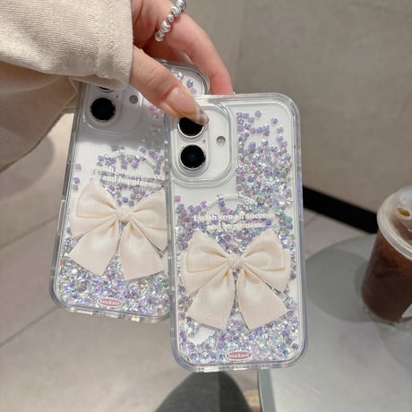 動くダイヤ iPhone16pro/17ケース リボン柄 透明iPhone15pro/14/13カバー オシャレ キラキラ 可愛い [M5557]