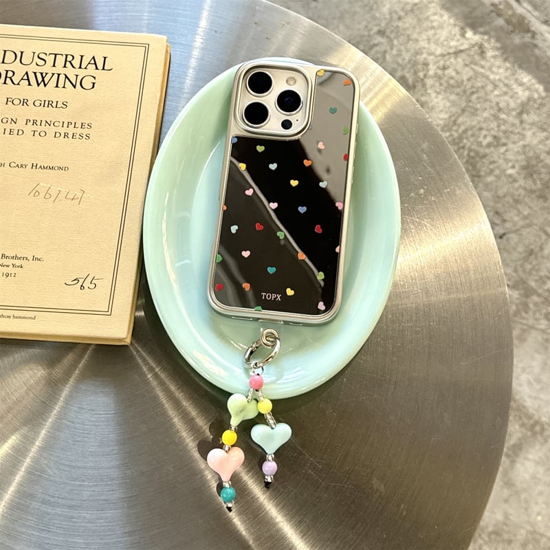 ハート柄ミラーiPhone16Pro/16ケース ハートキーチェーン iPhone15Prom