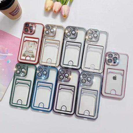ジュエリー カード入れ iPhone14/15Proケース メッキ透明 アイフォン13/12/11カバー カメラレンズフイルム付き 綺麗 お洒落[M2733]