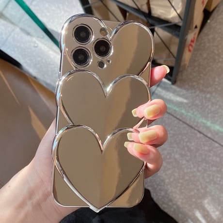 ハート型ミラー アイフォン14/13proケース 高級感シルバー ストラップ付  iphone12/11カバー  艶あり 個性 お洒落[M2110]