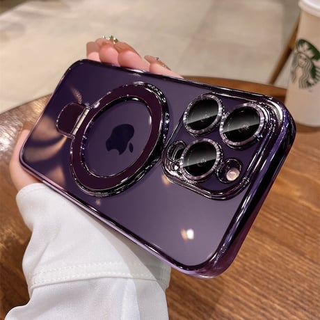 MagSafeスタンド一体型 iPhone16Pro/15ProMaxケース カメラ保護 クリアiPhone14pro/13Proケース メッキ 黄ばまない 色剥げない[M3617]