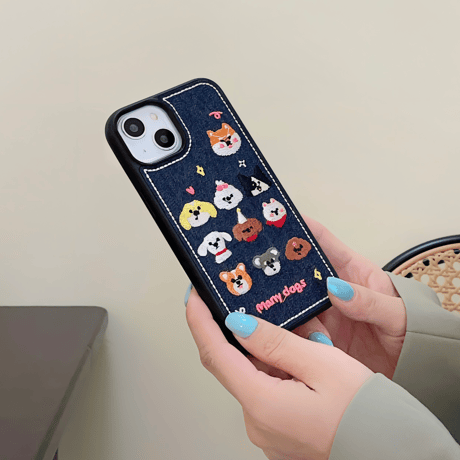 刺繡犬ちゃん iPhone15/14proケース デニム素材 iPhone13pro/12proカバー 可愛すぎる  [M3498]