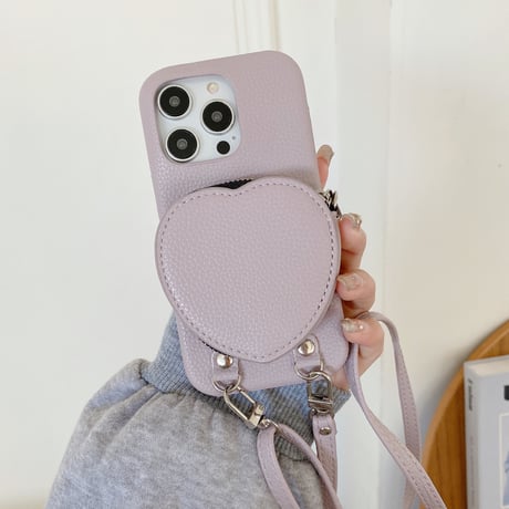 ハート小銭入れ iPhone15/15proケース ショルダーストラップ付 アイフォン14pro/13mini/12/11カバー レザー 高品質 超便利[M3709]