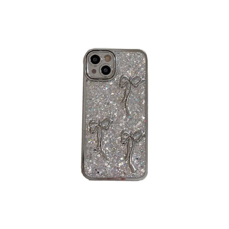 リボン iPhone15/15proケース キラキラグリッター入り iPhone14/13pro/12ケース 女子力アップ シルバー[M3891]