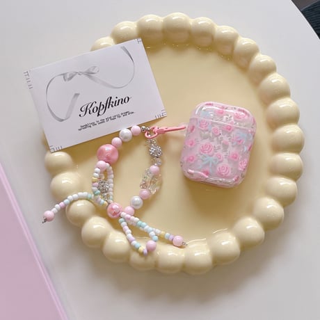 ピンク花柄 Airpods 4ケース リボンキーチェーン付 Airpods3/Pro2ケース airpodsproカバー  大人可愛い ガーリーファッション [M5258]