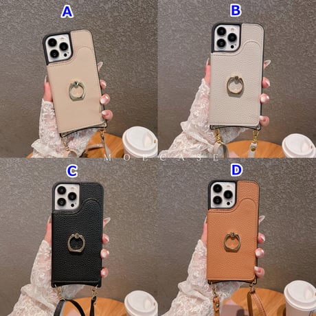 カード入れ3個 iPhone14/15proケース 高級感レザーアイフォン13/12/11proカバー リング セ長さ調整可ストラップ付 [M2861]