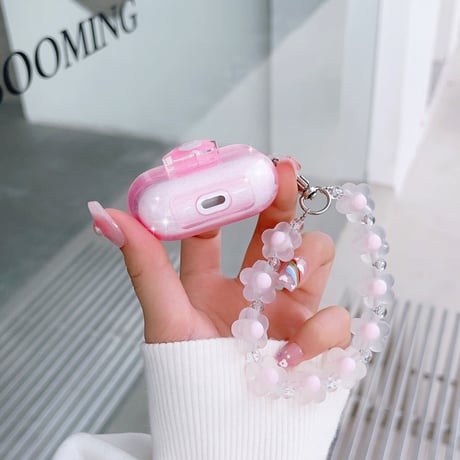 ラメ入り花 AirpodsPro2ケース pink flowersストラップ airpods3/2/1ケース  綺麗 キラキラ  頑丈 ガールズに人気[M2948]