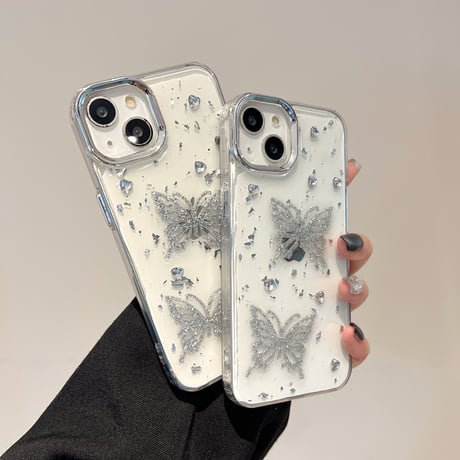 ラメ蝶々 アイフォン16pro/15ケース ダイヤ ハンドメイド iPhone14/13pro/12カバー 大人可愛い 春夏向け[M5175]