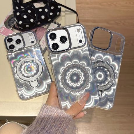 光る花 iPhone17/17Proケース MagSafeリングスタンド iPhone16/15ProMax/14ケース きれい 面白い 便利[M6195-1]