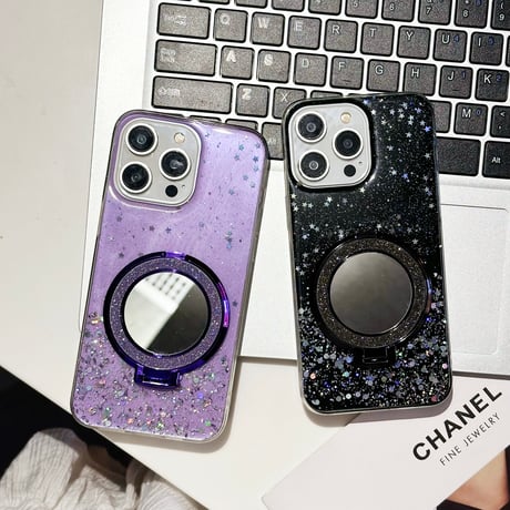 女子力高い iPhone15/16proケース magsafe対応リング スタンド付 iPhone14pro/13/12/11proカバー キラキラグリッター入り[M4495]