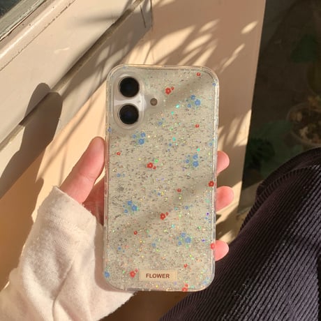 キラキラ花柄 iphone16/16proカバー  ラメ入り おしゃれ iphone15/14pro/13ケース 女子力アップ 可愛すぎる[M4955]