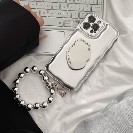 クールシルバー iphone15/14/13proケース グリップ/ストラップ付 アイフォン12/11カバー  高級感高品質 お洒落 ギフトにおすすめ  [M2092]