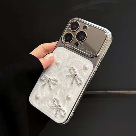 ミラー iPhone17Pro/17ケース ジュエリーリボン 真珠 iPhone15Pro/16/14ケース おしゃれ 丈夫[M6446]