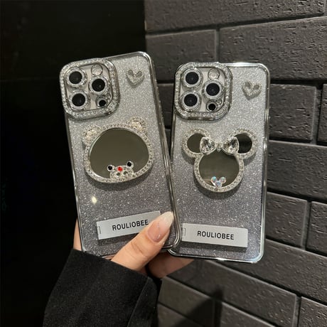 鏡付き iPhone16/16proケース スタンド付 iPhone15plus/14/13promaxカバー ジュエリーデコ 美しい かわいい [M5382]