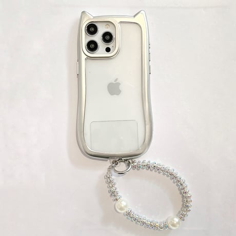 猫の耳 iPhone15pro/15promaxケース ストラップ付 アイフォン14プロ/13pro/12promaxカバー 黄ばまない 可愛い[M4309]
