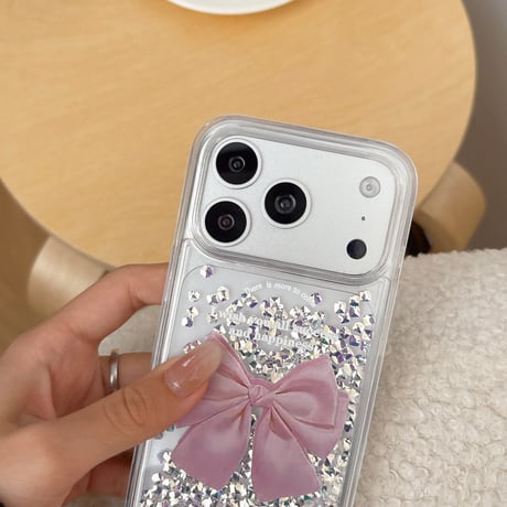 動くダイヤ入り iPhone17Pro/17ケース リボン柄 iPhone16Pro/15ケース クリア キラキラ感 夏に人気 [M6274]