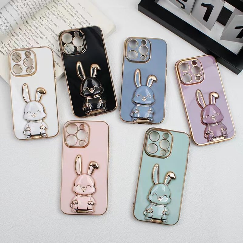ウサギ スマホグリップスタンド キュート可愛い 粘着タイプ メッキ素材