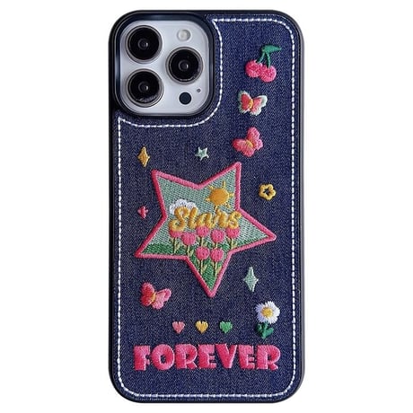 刺繡入りデニム iPhone14/15proケース  花柄ハート/星 iPhone13/12proカバー 女子力アップ[M3501]