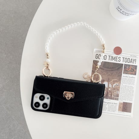 レザー カード収納  iphone14/14promaxケース 真珠ストラップ付 アイフォンSE3/13/12/11PROケース セレブ愛用 高級感 Girlsに大人気[M2473]