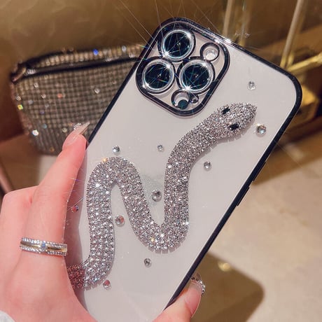 キラキラヘビ iphone14/13ケース オシャレデコ iphone12/11proカバー  光る艶あり ファッション 綺麗[M2082]