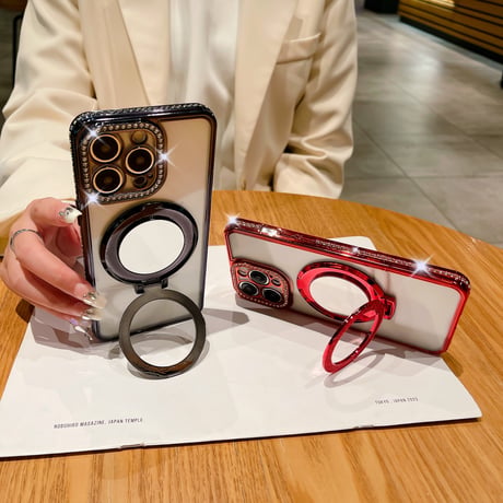 鏡MagSageリングスタンド iPhone15pro/15promaxケース ジュエリーキラキラiphone14/13/12proケース クリア コスパ最強[M4075]